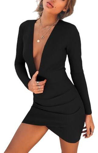 Belriviere Womens Sexy Mini Dress Deep V-Neck Backless Zipper Long Sleeve Ruched Bodycon Clubwear Dress for Party Night Out S Black