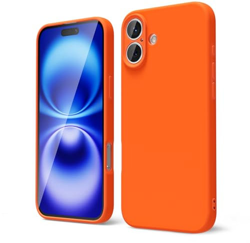 oakxco for iPhone 16 Case Liquid Silicone, Soft Rubber Gel Elegant Aesthetic Basic Simple Cover, Cute Thin Slim TPU Matte Solid Color Plain Smooth Case for Women Men Boy, Neon Orange