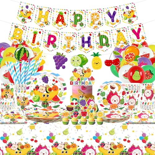 Obst Geburtstagsparty Zubehör, beinhaltet Banner, Teller, Cupcake Toppers, Servietten, Tassen, Tischdecken, für Sommer Obst Geburtstagsparty Zubehör serviert 20 (Set B)