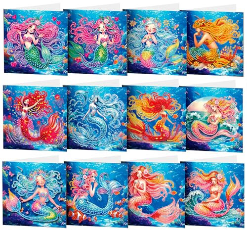 CAYUDEN Diamond Painting Karten Set, 12 Stück Meerjungfrau Diamant Malerei Karten, DIY Handgemachtes Diamond Painting Grußkarte mit Umschlag Set, 5D Diamant Malerei Grußkarte für Freunde, Familie
