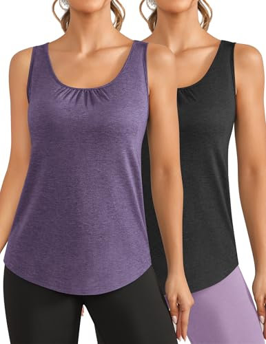 PINSPARK Sport Tank Top Damen Workout Tanktops Racerback Ärmellose Leichte Oberteile Sommer Sporttop Lauftop Yoga Gym Shirt Fitness Running Schwarz und Lila XXL