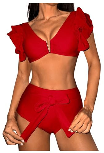Floerns Women's 2 Piece Bikini Set Ruffle Cap Sleeve Top Tie Front Bathing Suit, Red, Large