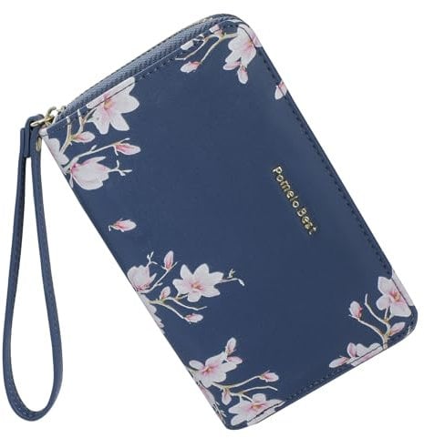 Pomelo Best Damen Geldbörse mit Blüten Muster – Stilvolles Portemonnaie mit Handschlaufe Reißverschluss RFID-Schutz Geldbeutel Geschenk für Frauen (Blau)