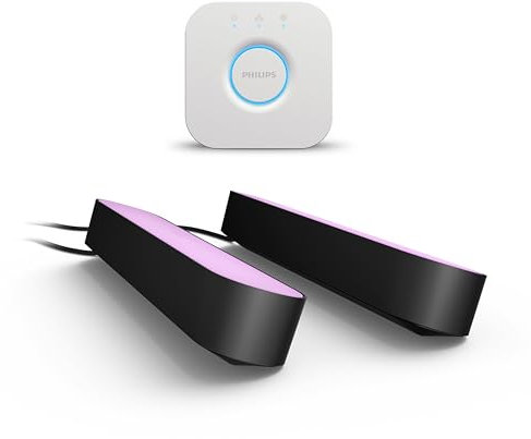 Philips Hue White & Color Ambiance Play Lightbar 2er Pack (500 lm) und Hue Bridge, dimmbare LED-Lightbar für das Hue Lichtsystem mit 16 Mio. Farben, smarte Lichtsteuerung über Sprache oder App,schwarz