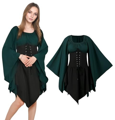 QEKFDOV Renaissance Elfen Kostüme Kleid,Mittelalter Kleid Mit Trompetenärmel,Karneval Halloween Cosplay Gothic Retro (E, S)