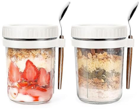 WyndShades Overnight Oats Jar – 2 Pack White 350ml Glass Jars with Lids and Spoons, Airtight Mason Jars with Measurement Marks for Oatmeal, Cereal, Milk, Fruit, Yoghurt