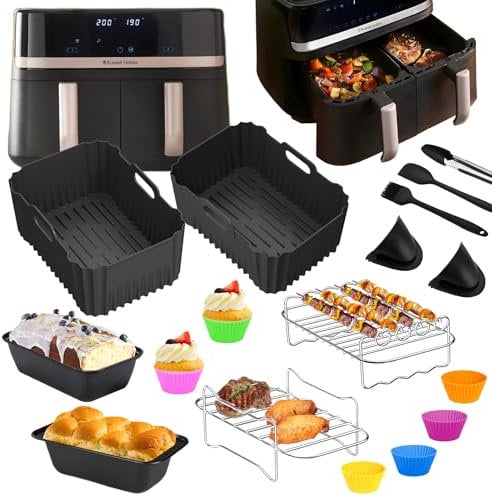 Accessori Friggitrice ad Aria per Russell Hobbs 9L Doppio Cestello - 17 Pezzi Russell Hobbs Riutilizzabile Accessori ad Aria - Teglia Silicone, Griglia per COSORI 8,5L, Ninja Foodi Max 9,5L