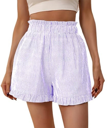 Pantaloncini da bagno Metà Lunghi, estivi a Vita Alta a Righe in Pizzo per Donna Casual con Gambe Larghe con Tasche Elegante e Leggero Leggings Vestiti Jeans, viola., XXL