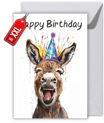 WBdesignz Esel Geburtstag Karte mit Umschlag - Lustige Geburtstagskarte “Happy Birthday” Glückwunschkarte Geschenkkarte zum Geburtstag Happy Birthday Karte (XXL DIN A4)