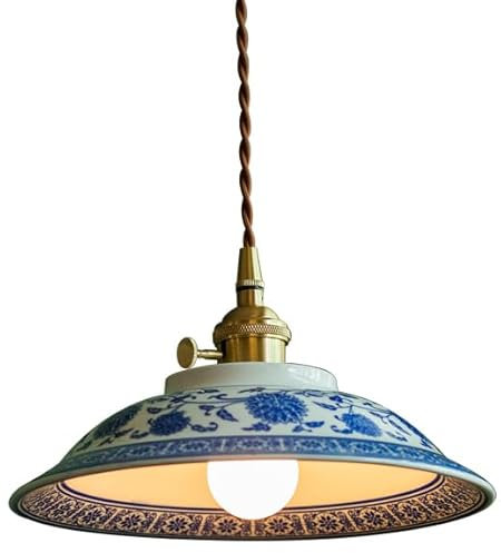 YESSRON Suspension en Porcelaine Bleue et Blanche, Grande Lampe Suspendue Vintage en Verre et céramique, Lustre Nordique Moderne pour Salle à Manger, Chambre, Cuisine, îlot, Ferme, café