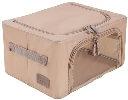 Periea ‘Beau’ Folding Collapsible Stackable Fabric Home Storage Boxes with Steel Frames (Camel, Compact)