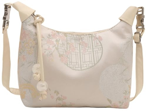 Uqezagpa Stilvolle Nylon-Umhängetasche mit chinesischem Vintage-Webmuster, Crossbody-Tasche, mit Reißverschluss, kleine Handtasche für Damen, orientalische Umhängetasche, weiß, One Size