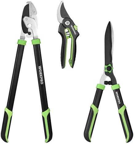 WORKPRO 3-Piece Garden Shears Set with Bypass Pruner & Hedge Shear & Lopper | Sharp & Durable SK5 Blade, Shock Absorbers, Ergonomic Soft Handle, Labor-saving Spring, Leverage System, Telescopic Mechanism
