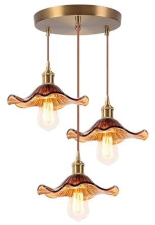 LIGINOK 3 Lampes Suspension Luminaire Vintage Lustre Plafonniers en Verre Ambre Fleurs E27 Lampe Suspendue Réglable en Hauteur Suspension de Table de Salle à Manger pour Salon Chambre Cuisine