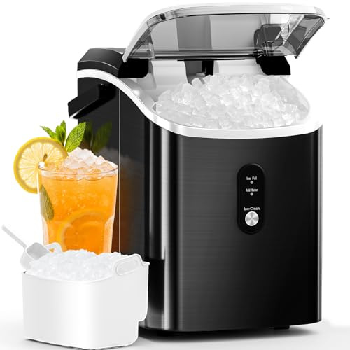 Nugget Ice Maker Machine with Self-Cleaning, 16KG/24H, Portable Countertop Ice Cube Maker with Handle, Basket & Scoop – Ideal for Home, Kitchen, Office, Camping, Stainless Steel, Black
