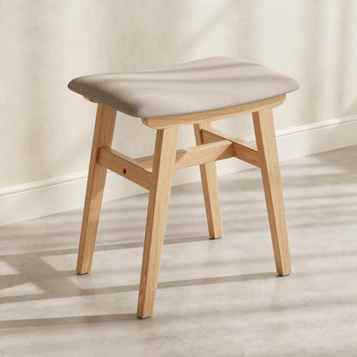 Muwuele Solid Wood Vanity Stool, Compact Makeup Chair with Saddle Cushion, Linen-Covered High Rebound Sponge Seat, Easy Assembly Footstool for Bedroom, Entryway, Home, Natural