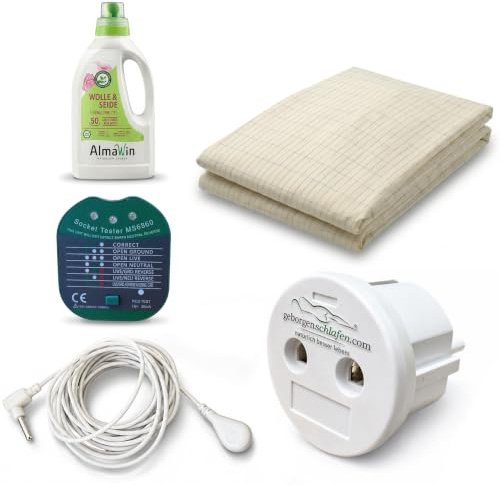 Erdungslaken Set 1 Basic 140×200 cm | Erdungsbettlaken Classic aus Bio-Baumwolle mit eingewebten Silberfäden | Erdungslaken mit Kabel, Erdungsstecker, Steckdosentester und Spezialwaschmittel