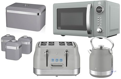 Swan Retro Revive Grey Kitchen Set – Traditonal Stovetop Electric Kettle, 4 Slice Toaster, Digital Microwave, Retro Breadbin & Canisters. Matching Set of 7 - Grey Glossy Finish/Chrome Accents