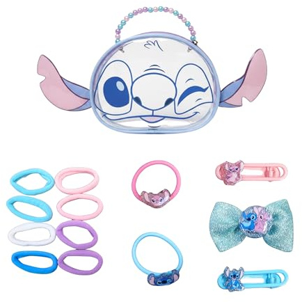 Disney Stitch Coffret Beauté pour Filles, Comprenant 2 Pinces à Cheveux, 8 élastiques, 1 Barrette Nœud, 2 Chouchous et un Sac à Main, Accessoires pour Cheveux Cadeau pour Filles