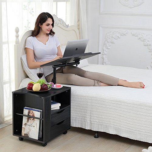 Emall Life funktioneller drehbarer Nachttisch aus verstellbarem Holz mit Schubladen, Rädern und offenem Regal (Black Willow)