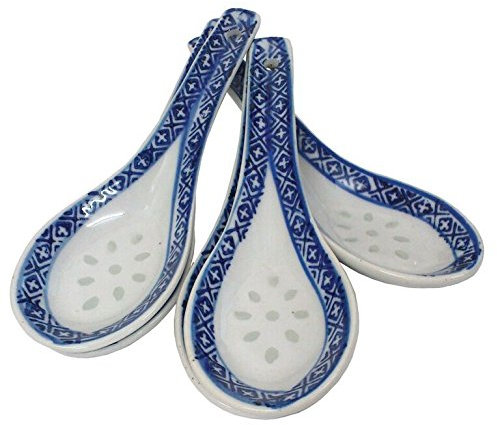 Chinese Blue and White - Rice Pattern Ceramic Spoons - Set of 6