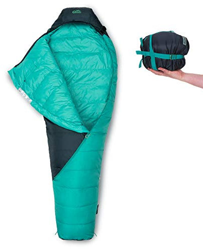 qeedo Asaka Daunenschlafsack 3 Saisons (Gr. M & L) leicht, kleines Packmaß - türkis [Medium]