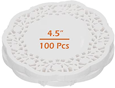Dentelle Napperons Papier,100 PCS Napperon Papier Rond Décoratif Blanc Gâteau Emballage TamponJetable Sous-verres pour Desserts Biscuits Produits Mariages Fête D'anniversaire Décoration 4.5