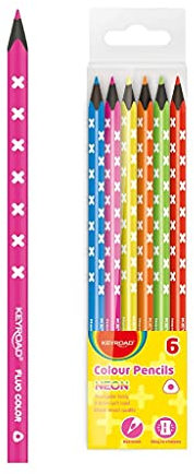 KEYROAD Buntstifte Neon Dreikantform - 6 Stück/Mischfarben/Erwachsene und Kinder/Schwarzes Holz/Loch zum Aufhängen, KR971870