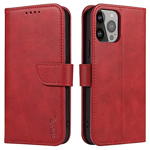 LOLFZ Wallet Case for iPhone 13 Pro Max, Vintage Leather Book Case with Card Holder Kickstand Magnetic Closure Flip Case Cover for iPhone 13 Pro Max - Red