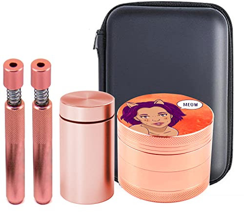 Grinder set oro rosa, Spespo Macinino Meccanico per Spezie, Cat Woman Pattern, Ø 50mm, 4 Pezzi, Macina Erbe per spezie, pepe, sale, Includere 2 Pipa in metallo, Stash Storage Jar (Borsa con zip)