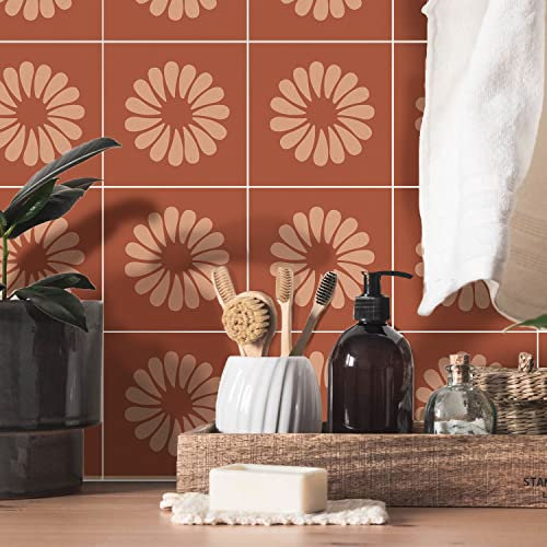 Wasserdichter Fliesenaufkleber aus Vinyl, zum Abziehen und Aufkleben, selbstklebender Fliesenaufkleber für Küche, Badezimmer, Boho-Stil, Wandaufkleber, 20 x 20 x 25 Stück, rotes Boho-Blumenmuster