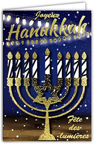 Afie 68-8006 Karte Happy Hanukkah Hanukka Jüdische Party der Lichter Judentum Kerzenständer mit 9 Zweigen Davidstern in Gold glänzend Girlanden Kreisel 4-seitig weiß Format 17,5 x 12 cm