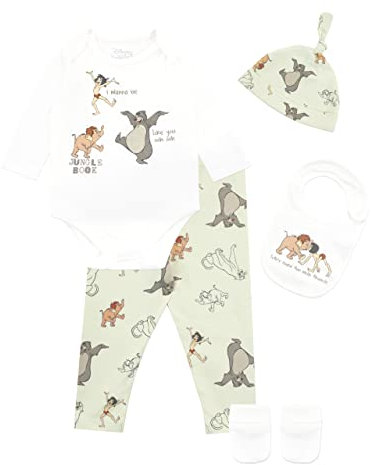 Disney Baby Jungen Dschungelbuch Bodysuit mit Hut und Latz Outfit 5-teiliges Set Grün und Weiß 44-50
