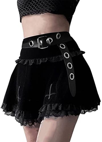 DINGJIUYAN Damen Kpop Fashion Plissee Mini Rock Gothic Punk Schwarz Kreuz Stickerei Rock, F, 52