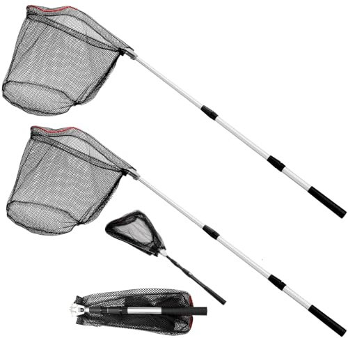 ZENFUN Lot de 2 épuisettes de pêche avec poignée télescopique, épuisette avec poignée Pliable Robuste, Filet en Nylon Pliable pour Eau salée et Eau Douce, Extensible jusqu'à 130 cm (Noir, Blanc)