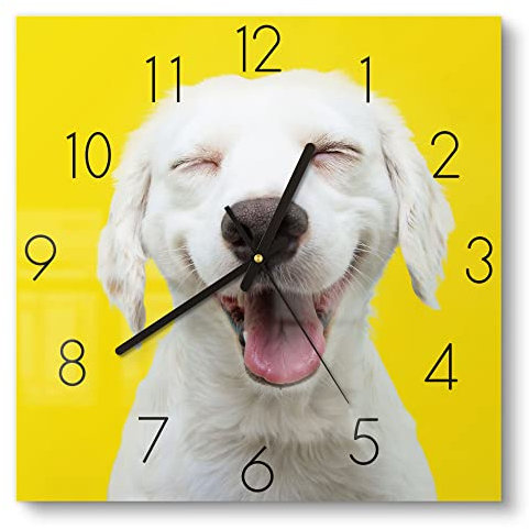 DEQORI Glasuhr | 30x30 cm | Motiv Lachender Hund | ausgefallene leise Design Uhr aus Glas | Wanduhr für Wohnzimmer & Küche | Moderne Hingucker Uhr für die Wand