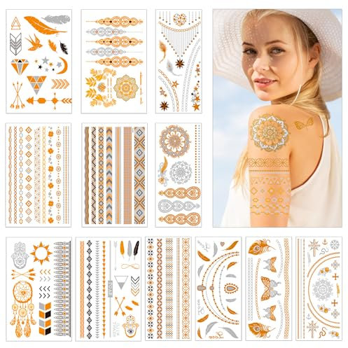 Tatuaggi Temporanei 12 Fogli Tatuaggi Oro Argento, Tatuaggi Temporanei Donna, Tatuaggi Dorati Flash per Corpo Viso Braccio, Impermeabile Tatuaggi Finti, Tatuaggi Gadget Festa Adulti, Idee Regalo Donna