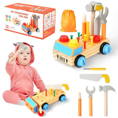 Hossom Werkzeugkoffer Kinder Werkbank, Montessori Spielzeug ab 3 Jahre, Holzspielzeug Kinderwerkzeug, Kinderwerkzeug Spielzeug Werkzeugwagen, Werkzeug Koffer Geschenk Junge Mädchen ab 2 3 4 5 6 Jahre