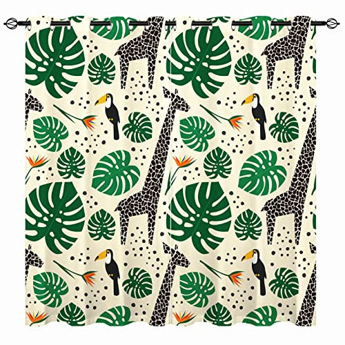 YUANZU Giraffen Vorhänge Tukan Dschungel Safari Tier Ösen Gardinen mit Blickdichte Thermo Vorhang Kälteschutz Blackout Curtain Kinderzimmer Schlafzimmer Verdunkelung Fenster, 2 Stück, H 160 x B 132 cm