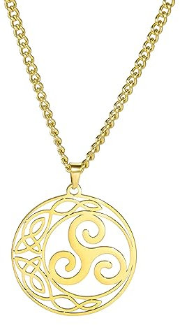 VASSAGO Celtic Knot Triskele Necklace Triple Spiral Round Pendant Necklace Viking Celtic Triskele Trinity Knot Necklace Good Luck Irish Jewelry for Women Men (Gold)
