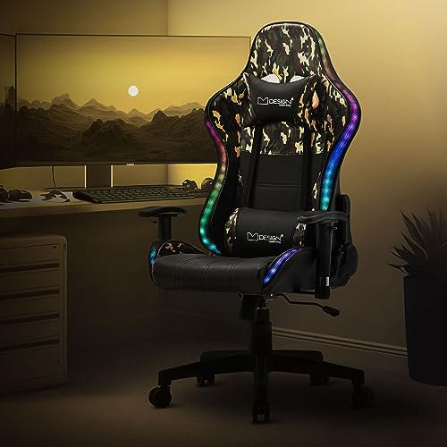 ML-Design Gaming Stuhl mit RGB LED-Beleuchtung & Bluetooth-Lautsprechern, Camouflage, Kunstleder, Bürostuhl ergonomisch, Rückenlehne, Kopfstütze, Lendenkissen, drehbar-verstellbar, Racing Gamer Stuhl