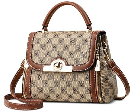 SODOLLEE Bolso Mujer Moda Bolso de Mano Bolso Bandolera Elegante Cuero PU Bolso de Hombro con Asa Superior para Trabajar Citas Uso Diario Enrejado Caqui