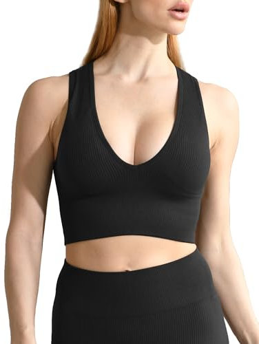 ANGOOL Sport BH Damen V-Ausschnitt Tank Top Damen Ribbed Mittlerer Halt Crop Top Gepolstert Seamless für Yoga Fitness Joggen Alltägliche Oberteile, Schwarz, L