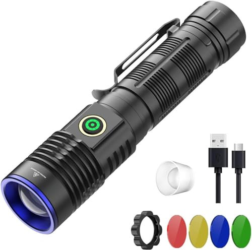 LUXJUMPER 5 in 1 Colore Multi-Colore Torcia LED Tattica Potente Torcia ricaricabile ad alta potenza Verde Bianco Rosso Giallo Blu 4 Modalità Torcia Zoomabile Impermeabile per Astronomia, Caccia
