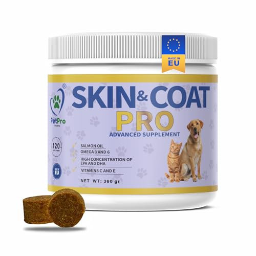PetPro PHARMA - Skin & Coat Pro – Integratore per Cani e Gatti – Anti-Prurito, Anti-Allergie, Pelo Lucido e Morbido – Con Olio di Salmone, Omega 3 & 6 (EPA e DHA), Vitamine – 120 Masticabili, 360g.