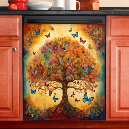 Tree of Life Pattern Magnetic Dishwasher Covers for The Front,Teal and Yellow Dishwasher Sticker Magnets Cover Decorative,Kitchen Decor Vinyl Wrap Decals,Butterfly Magnetic Stickers,23Wx26H