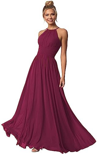 Clothfun Vestidos de dama de honor halter para mujer, vestidos largos de gasa, vestidos formales de noche 2024, Fucsia, 14