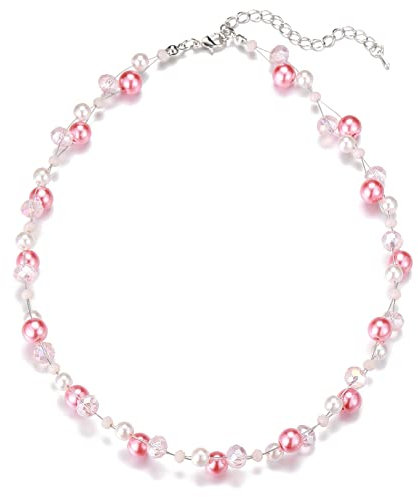 FULU AUTUMN Collier Court en Perle et Cristal pour Femme avec Chaîne en Argent Bijoux de Bohème Faits à La Main Cadeau Fete Des Meres pour Maman(Plum Pink)