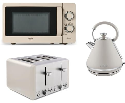 Tower Cavaletto Latte Pyramid Kettle, 4 Slice Toaster & 800W 20L Microwave T24042MSH. Contemporary Matching Kitchen Set in Latte Colour, TWRCAVPKT4MICLATTE