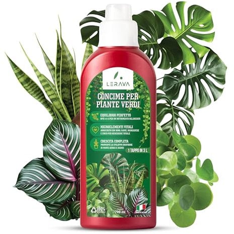 LERAVA® Concime Liquido per Piante Verdi [Made in Italy] - 700ml - Fertilizzante per Interno ed Esterno - NPK a Rilascio Lento - Piante Sane e Verdi - Azotato per Tropicali